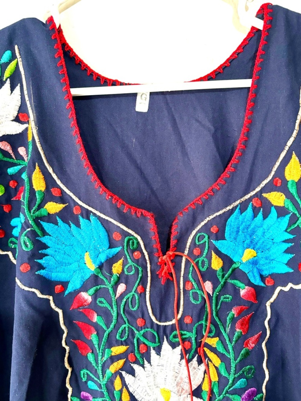 VTG Mexican Embroidered Dark Blue w/Adjust Ties Midi Dress M/L - Picture 4 of 6